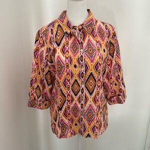 CHICO’S Aztec/Ikat 100% linen button-down blouse